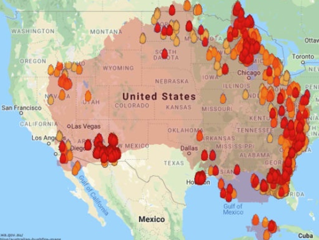 An American media outlet shared this comparison, with the caption "Australia's fires is juxtaposed with a map of the United States” leading to the idea the whole country was impacted.