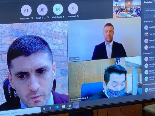 Jordan De Goey is seen on video link with his lawyer Jacob Kaplan and Judge John Zhuo Wang. WA Picture: Megan Palin