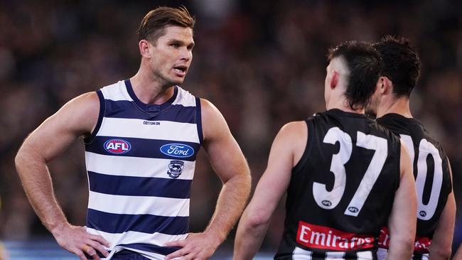 It wasn’t a great night for Geelong spearhead Tom Hawkins. Picture: AAP