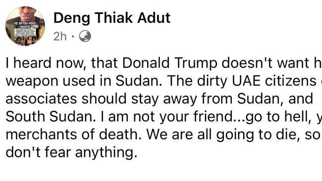 Former NSW Australian of the Year lawyer Deng Thiak Adut’s Facebook post support for Hamas militants and told Donald Trump to “go to hell” in a series of bizarre rants. Picture: Supplied