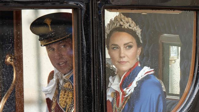 Britain's Prince of Wales and Princess of Wales return back to Buckingham Palace from Westminster Abbey, after the coronation. As of this weekend there is no longer any trace of the slightly nervy, unremarkable middle-class girl from the home counties. Picture: AFP