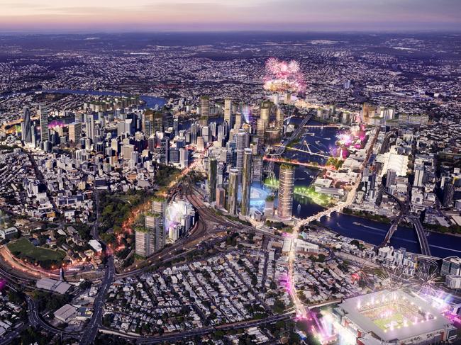 Courier Mail Future BNE campaign Urbis render. Aerial view of proposed ideas for Brisbane Southbank and CBD for the 2032 Olympics.