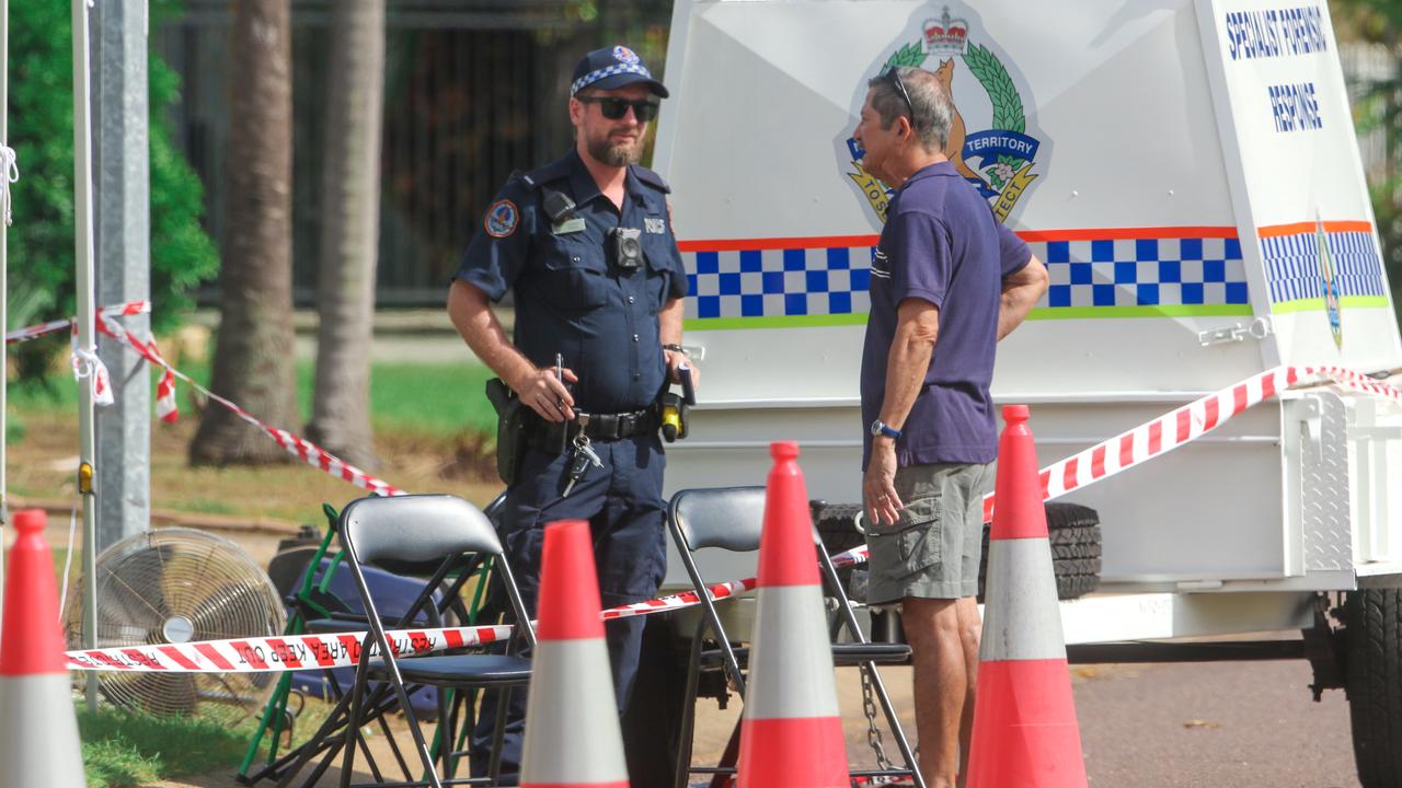 Police remained at the Leanyer property on Saturday, with forensics continuing to examine the crime scene. Picture: Glenn Campbell