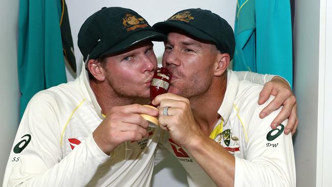 Then Australian captain Steve Smith and vice-captain David Warner celebrate Australia’s Ashes victory in December.