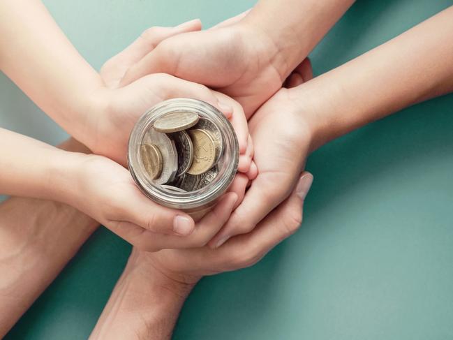 child and parent hands holding money jar, donation, saving, charity, family finance plan concept generic