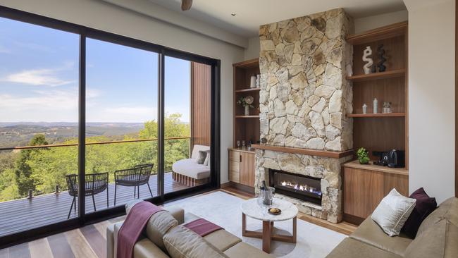 The sunken lounge in one of the Sequoia suites, looking out to your private balcony and the Piccadilly Valley. Picture: Supplied