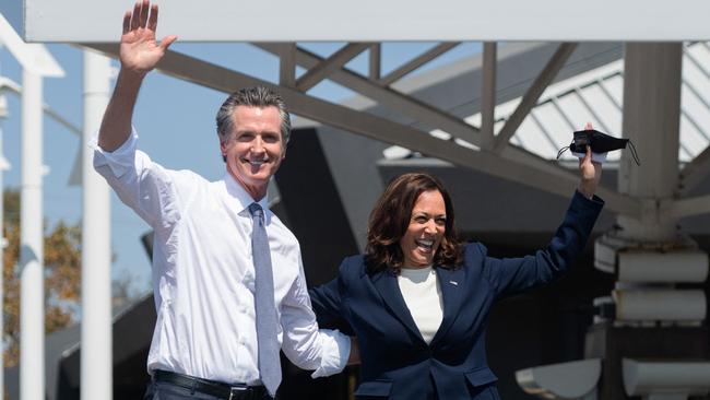 US Vice President Kamala Harris campaigning with Gavin Newsom. Picture: AFP