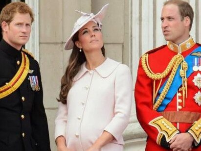 Britain's Prince Harry, left, Kate, Duchess of Cambridge, centre, and Prince William, in 2013. Picture: AP