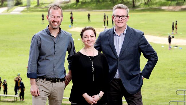 Craigburn Primary senior leader Rob Warncken, Year 5 teacher Rebecca Hepworth, and principal Paul Luke at the school. Picture: Dylan Coker