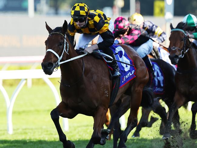 SYDNEY, AUSTRALIA - AUGUST 24: James McDonald riding Joliestar wins Race 7 Hyland Race Colours Show County Quality during Winx Stakes Day - Sydney Racing at Royal Randwick Racecourse on August 24, 2024 in Sydney, Australia. (Photo by Jeremy Ng/Getty Images)