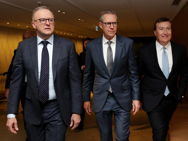 BCA Dinner arrivals (L-R) Prime Minister Anthony Albanese, President BCA Geoff Culbert and CEO BCA Bran Black. Jane Dempster/The Australian.