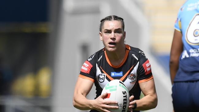 Winger of the year in 2023, Wests Tigers speedster Jakiya Whitfield is off-contract. Picture: NRL Photos.