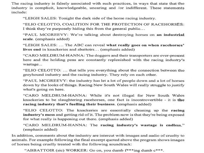 Excerpts from the Racing NSW letter sent to the ABC highlights the claims. Picture: Racing NSW