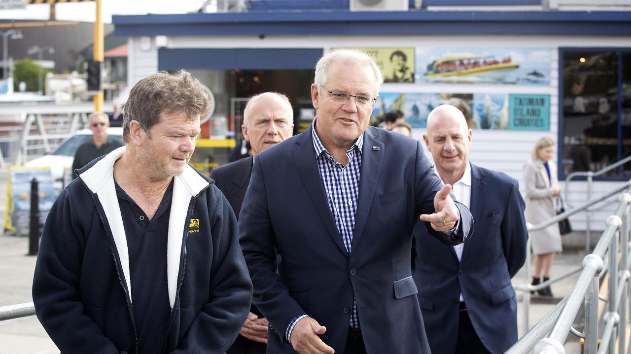 Robert Pennicott, Senator Eric Abetz,Prime Minister Scott Morrison and Tasmanian Premier Peter Gutwein visits Pennicott Wilderness Journeys at Hobart. Picture Chris Kidd