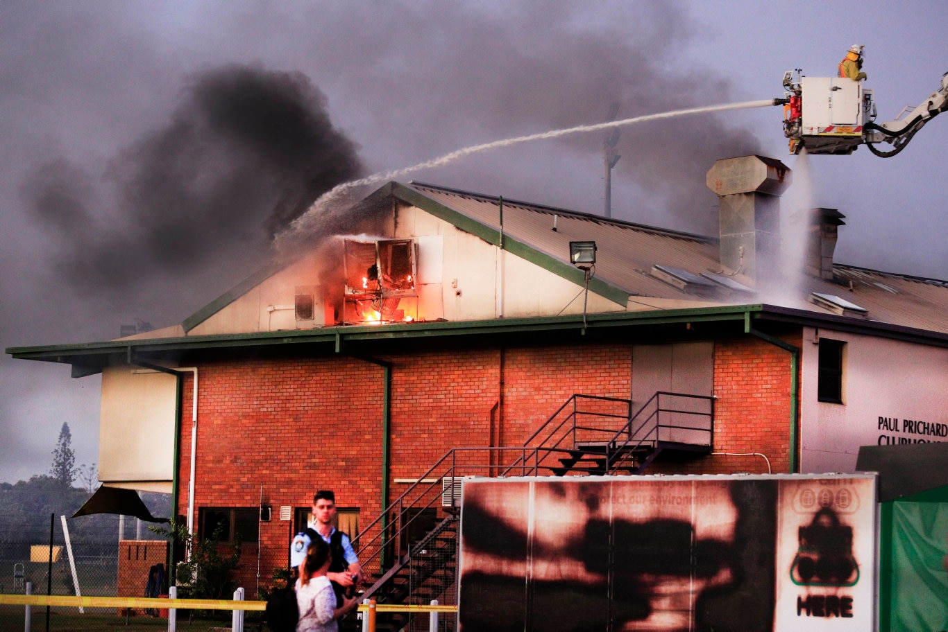 Flames burst from the roof of the Cudgen Leagues club as Queensland Fire Brigade Officers assist local Kingscliff and Tweed Units to fight the fire .Photo Scott Powick Newscorp