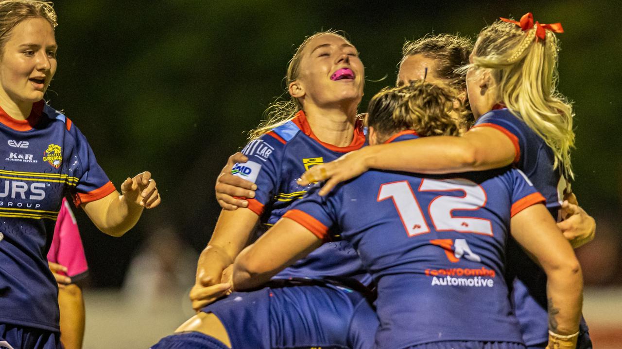 Western Clydesdales players celebrate a try against Souths Logan Magpies. Picture: Benny Hassum Photography