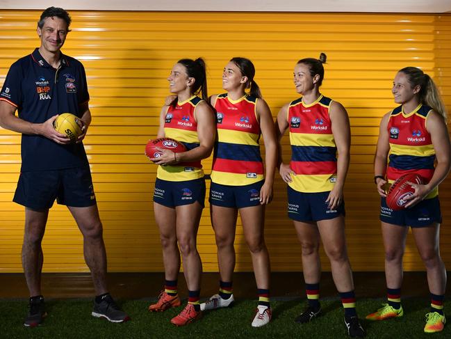 AFLW Crows coach Matthew Clarke, with players Jessica Sedunary, Ebony Marinoff, Courtney Cramey and Nikki Gore at West Lakes. Picture: Bianca De Marchi