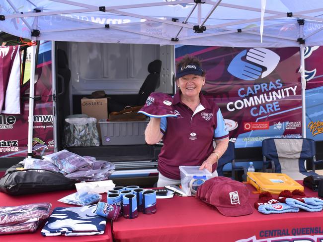 Jenny Hilcher at the merchandise stall at the CQ Capras underage teams first games at Browne Park, Rockhampton, on February 25, 2023.