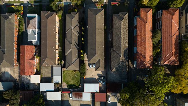 SYDNEY, AUSTRALIA - NewsWire Photos SEPTEMBER 14 2023. Generic housing & real estate house generics. Pic shows aerial view of apartment building rooftops in Ashfield, taken by drone. Picture: NCA NewsWire / Max Mason-Hubers