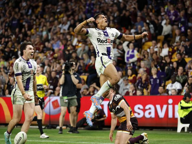 Melbourne and Samoa youngster Sua Faalogo scores on debut. Picture: NRL Images