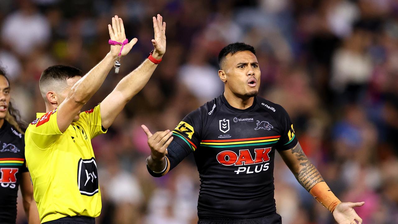 NEWCASTLE, AUSTRALIA - APRIL 15: Spencer Leniu of the Panthers reacts after Referee Peter Gough shows him ten minutes in the sin bin during the round seven NRL match between Newcastle Knights and Penrith Panthers at McDonald Jones Stadium on April 15, 2023 in Newcastle, Australia. (Photo by Brendon Thorne/Getty Images)