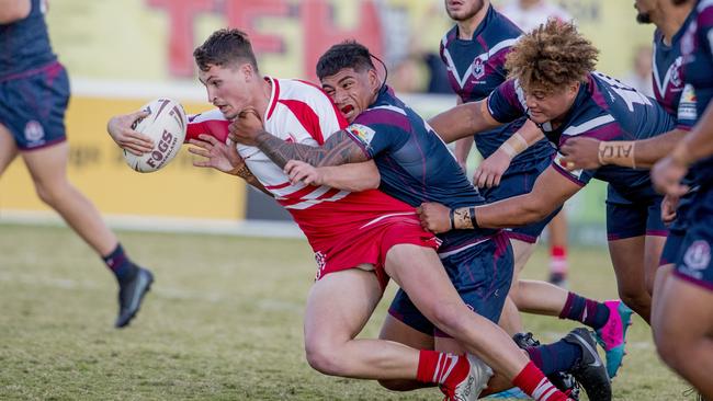 Defending champions Palm Beach Currumbin (red) host runners up Ipswich State High in the opening round of the 2020 Langer Cup at Pizzey Park. Palm Beach Currumbin's Flynn Daniel. Picture: Jerad Williams