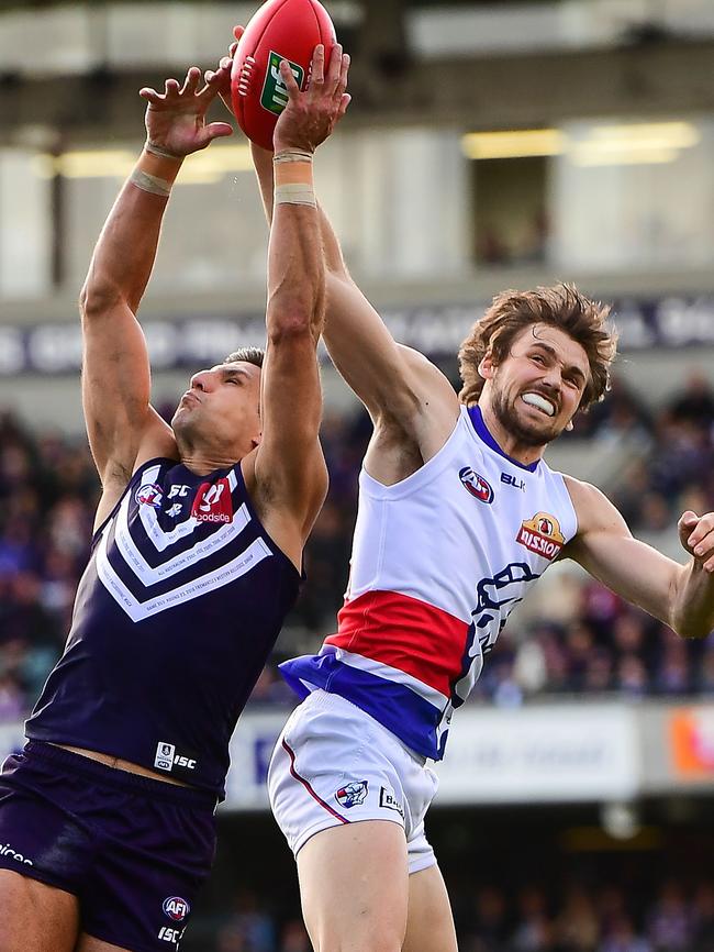 Joel Hamling shuts down<b/>Matthew Pavlich in Round 23. Picture: Getty Images.