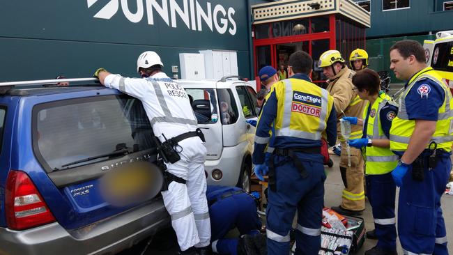 Two women have been taken to hospital after they were hit by a vehicle in a carpark at a busy retail centre in Katoomba this morning. Picture: CareFlight