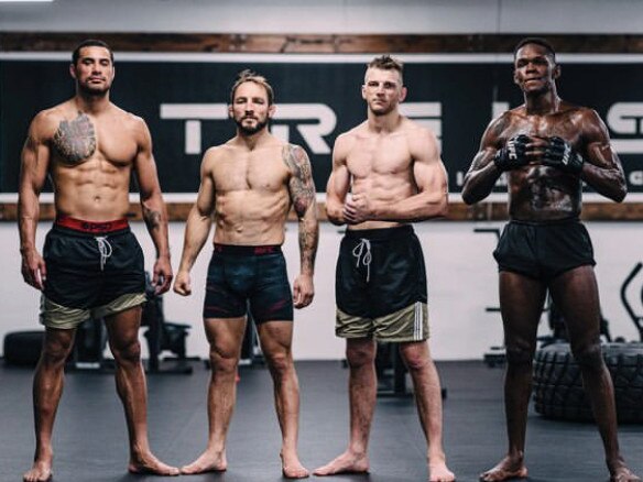 Israel Adesanya (far right) with his City Kickboxing teammates (from left) Carlos Ulberg, Brad Riddell and Dan Hooker.