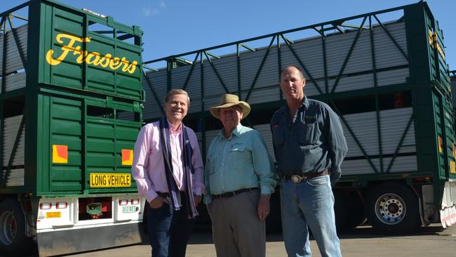 INDUSTRIES’ FINEST: TV journalist Ray Martin with Ross Fraser and Mark Collins from Frasers Livestock Transport. Picture: Jessica Paul