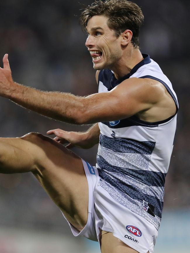 Tom Hawkins kicks a big goal for Geelong. Picture: Michael Klein