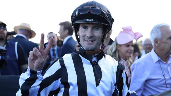 Tyler Schiller celebrates his The Invitation victory aboard Belclare at Randwick last week. Picture: Jeremy Ng / Getty Images