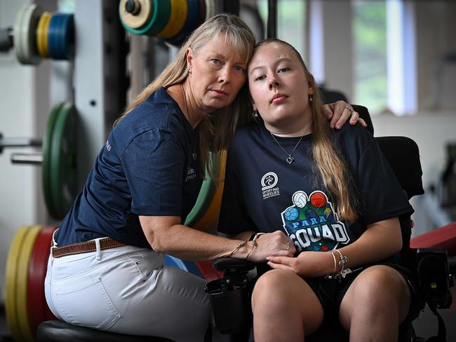 24/1/2025:  Louise Williams and daughter Mikaela 16, who has a spinal cord injury. Mikaela has been waiting 15 months to approval of critical supports from the NDIS.  pic: Lyndon Mechielsen/The Australian