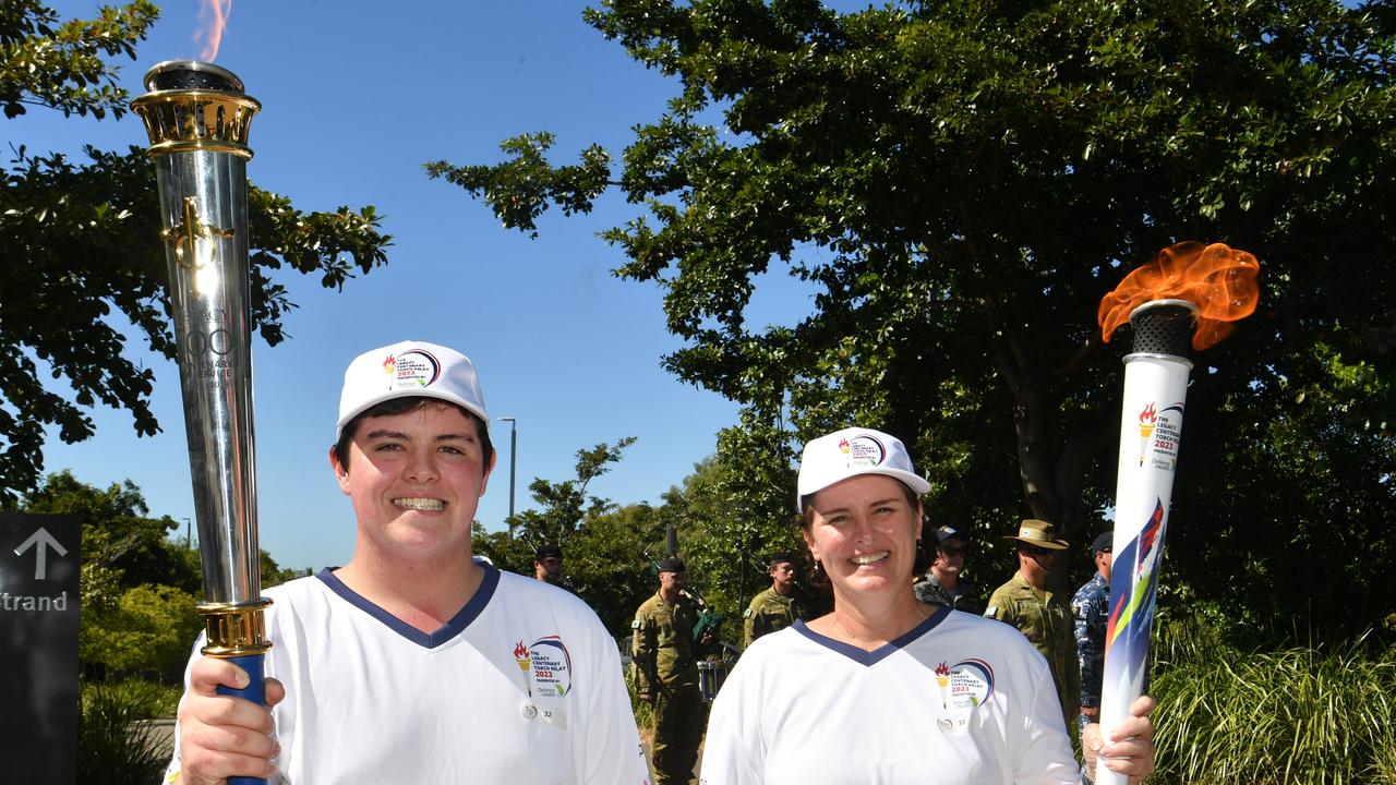 Legacy Centenary Torch Relay and community day at Jezzine Barracks. Torch bearers Mitchell Bingley and his mum Melissa Bingley. Picture: Evan Morgan