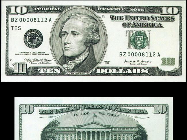 Alexander Hamilton’s face on the US $10 dollar bill. Picture: AP