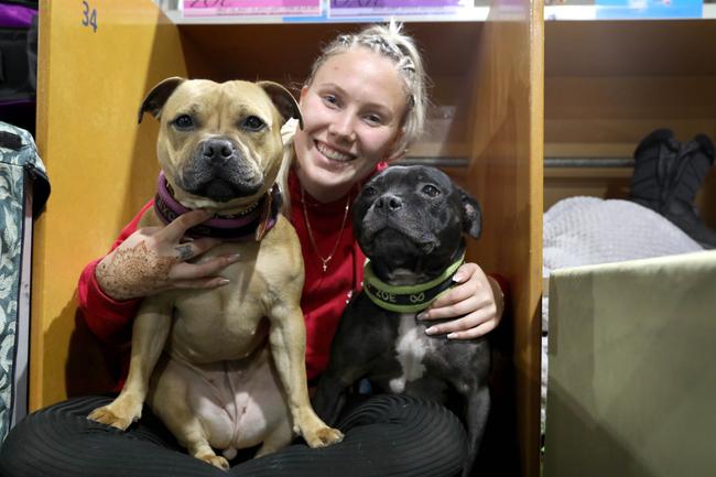 Mollie Hartnett with Oxie the staffordshire terrier. Picture: Dean Martin