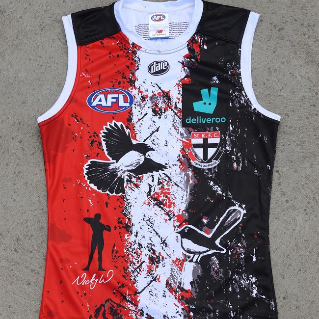 St Kilda’s Sir Doug Nicholls round jumper designed by Saints great Nicky Winmar. Picture: Michael Klein