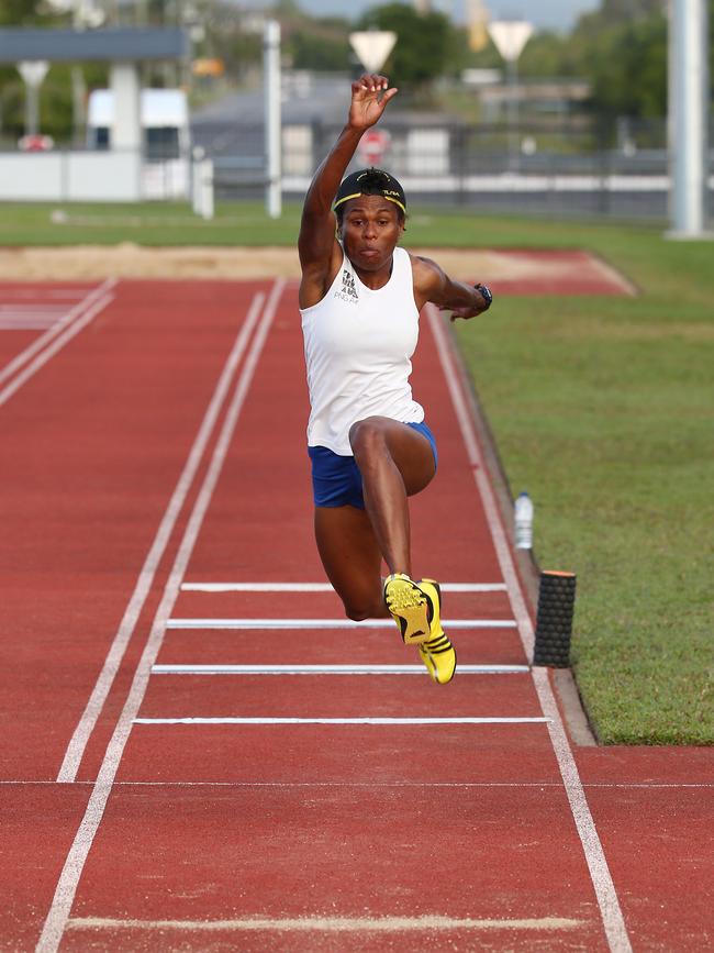 The Papua New Guinea national athletics team is training at Barlow Park ahead of next week's Pacific Games in Samoa. Triple jumper Rellie Kaputin training. PICTURE: BRENDAN RADKE