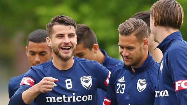 Terry Antonis, left, and Jai Ingham at Melbourne Victory training. Picture: Getty Images