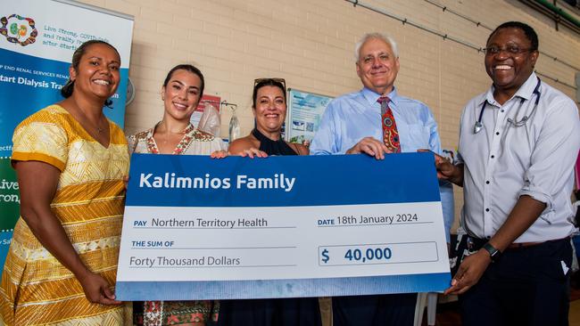 Health Minister Selena Uibo and Top End Renal Services director William Majoni with Alexandra Pappas, Renee Pappas, and George Kalimnios as they donate $40,000 towards kidney treatments. Picture: Pema Tamang Pakhrin