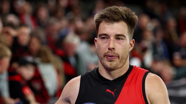 MELBOURNE, AUSTRALIA - MAY 01: Zach Merrett of the Bombers high fives fans after winning the round eight AFL match between Essendon Bombers and North Melbourne Kangaroos at Marvel Stadium, on May 01, 2025, in Melbourne, Australia. (Photo by Josh Chadwick/Getty Images)