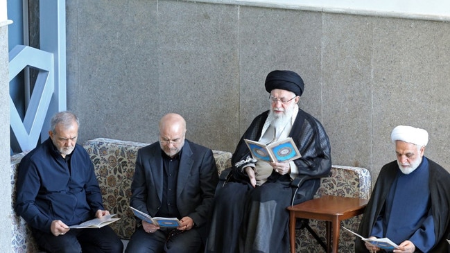 From left, President Pezeshkian, the speaker Mohammad Bagher Ghalibaf, Iran’s supreme leader Ayatollah Ali Khamenei and the chief prosecutor Gholam Hossein Mohsen Ejeie at the latest Friday prayer ceremony in Tehran. Picture: EPA/Iranian Supreme Leader Office. The Times