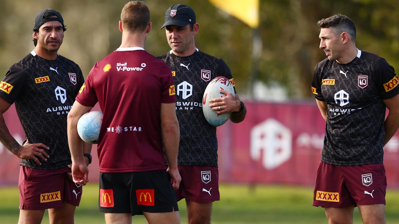 Maroons dream team Johnathan Thurston, Cameron Smith and Billy Slater. Picture: Chris Hyde/Getty Images