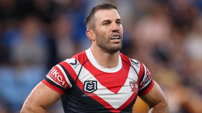 SYDNEY, AUSTRALIA - MARCH 06: James Tedesco of the Roosters reacts during the round one NRL match between Sydney Roosters and Brisbane Broncos at Allianz Stadium on March 06, 2025, in Sydney, Australia. (Photo by Cameron Spencer/Getty Images)