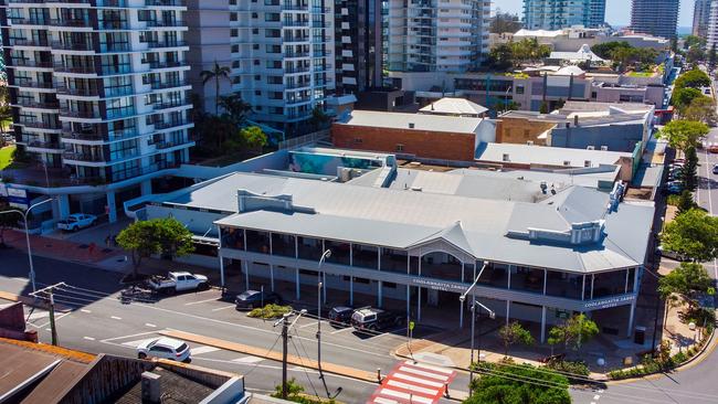 An aerial of the Coolangatta Sands Hotel.