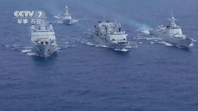 A screen capture of Chinese media footage showing the naval task force currently operating in the eastern Indian Ocean. It includes an amphibious assault ship, a guided missile destroyer and frigate, and a supply ship. Picture: CCTV7
