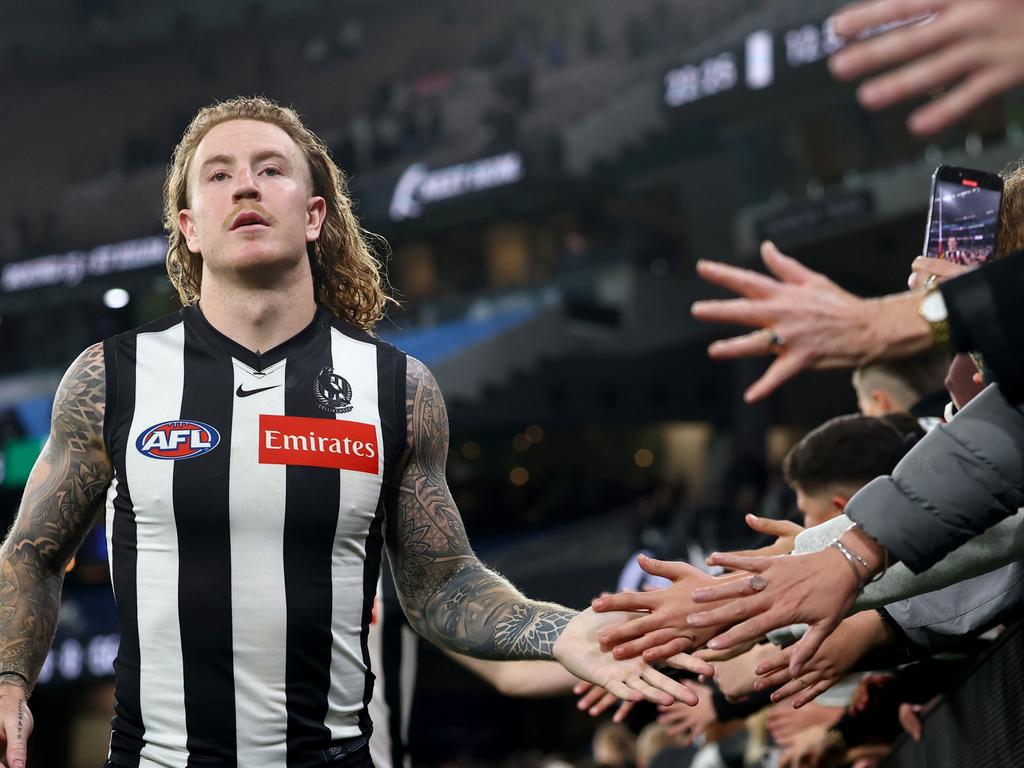 Beau McCreery celebrates another strong Collingwood win last Friday. Picture: Josh Chadwick/AFL Photos/via Getty Images