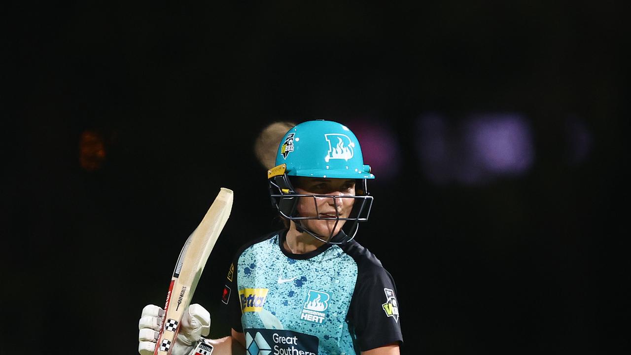 BRISBANE, AUSTRALIA - NOVEMBER 21: Amelia Kerr of the Heat celebrate 50 runs during the WBBL match between Brisbane Heat and Sydney Sixers at Allan Border Field, on November 21, 2023, in Brisbane, Australia. (Photo by Chris Hyde/Getty Images)