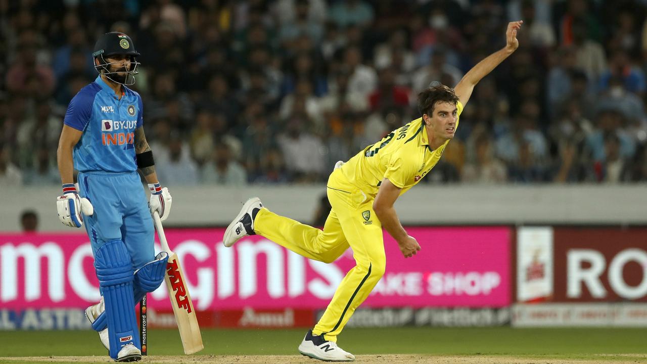 Pat Cummins of Australia bowls during game three of the T20 International series against India Picture: Getty Images