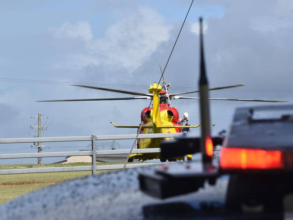 The Westpac Rescue Helicopter landed in a nearby paddock after a man was seriously injured in a single vehicle crash on Rogans Bridge Rd north of Waterview Heights on Thursday, 18th February, 2021. Photo Bill North / The Daily Examiner